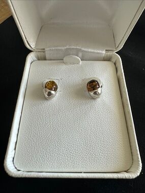 Sterling Silver Amber Dome Stud Earrings